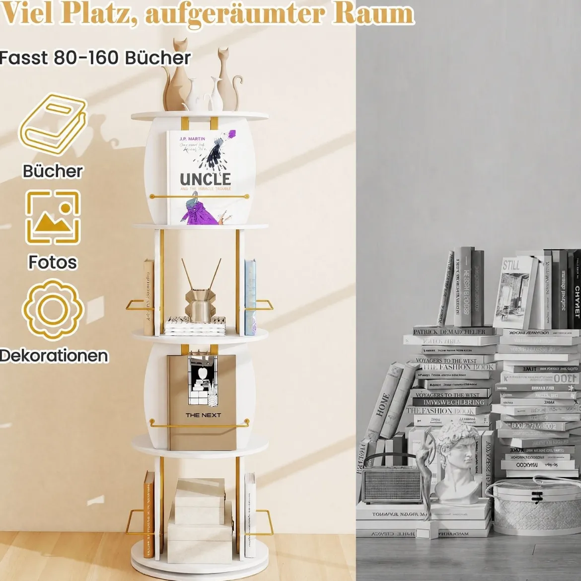Drehbares Bücherregal Holz mit Rotierendem Sockel & Schutzgeländer 40 x 40 x 128,5 cm Weiß