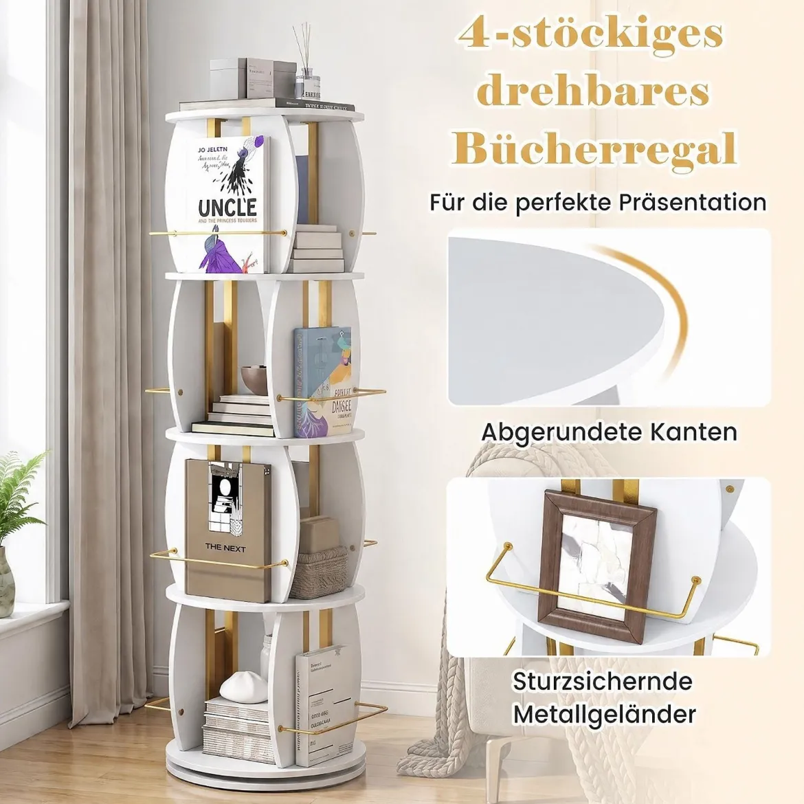 Drehbares Bücherregal Holz mit Rotierendem Sockel & Schutzgeländer 40 x 40 x 128,5 cm Weiß