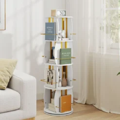 Drehbares Bücherregal Holz mit Rotierendem Sockel & Schutzgeländer 40 x 40 x 128,5 cm Weiß
