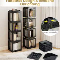 360° Drehbares Bücherregal Klappbares Standregal Transparenter Büroregal 36,5 x 36 x 141,5 cm Schwarz