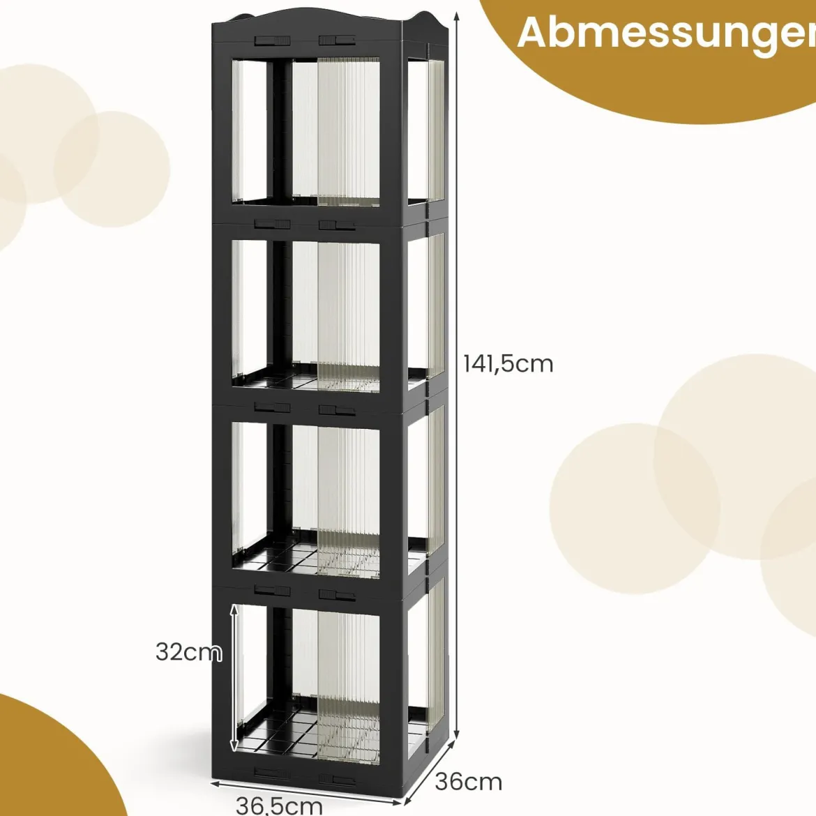 360° Drehbares Bücherregal Klappbares Standregal Transparenter Büroregal 36,5 x 36 x 141,5 cm Schwarz