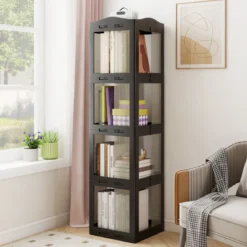 360° Drehbares Bücherregal Klappbares Standregal Transparenter Büroregal 36,5 x 36 x 141,5 cm Schwarz