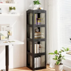 360° Drehbares Bücherregal Klappbares Standregal Transparenter Büroregal 36,5 x 36 x 141,5 cm Schwarz