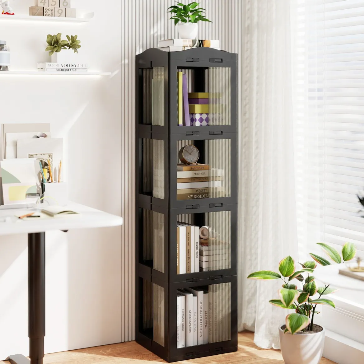 360° Drehbares Bücherregal Klappbares Standregal Transparenter Büroregal 36,5 x 36 x 141,5 cm Schwarz