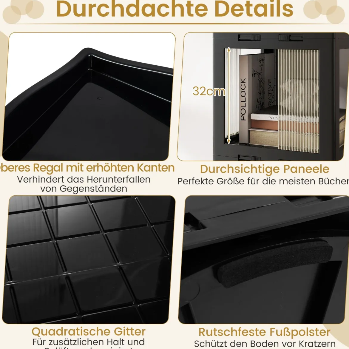 360° Drehbares Bücherregal Klappbares Standregal Transparenter Büroregal 36,5 x 36 x 141,5 cm Schwarz