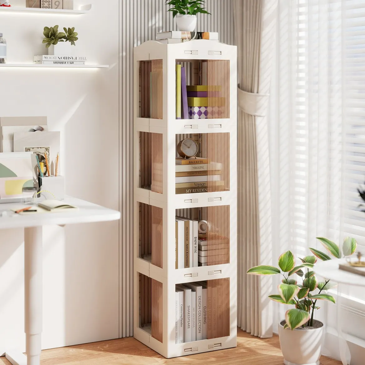 360° Drehbares Bücherregal Klappbares Standregal Transparenter Büroregal 36,5 x 36 x 141,5 cm Weiß