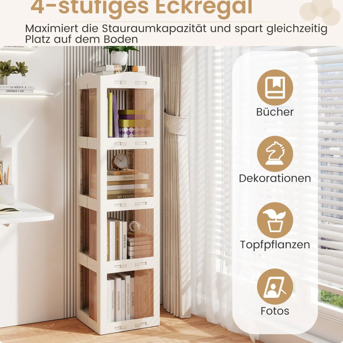 360° Drehbares Bücherregal Klappbares Standregal Transparenter Büroregal 36,5 x 36 x 141,5 cm Weiß