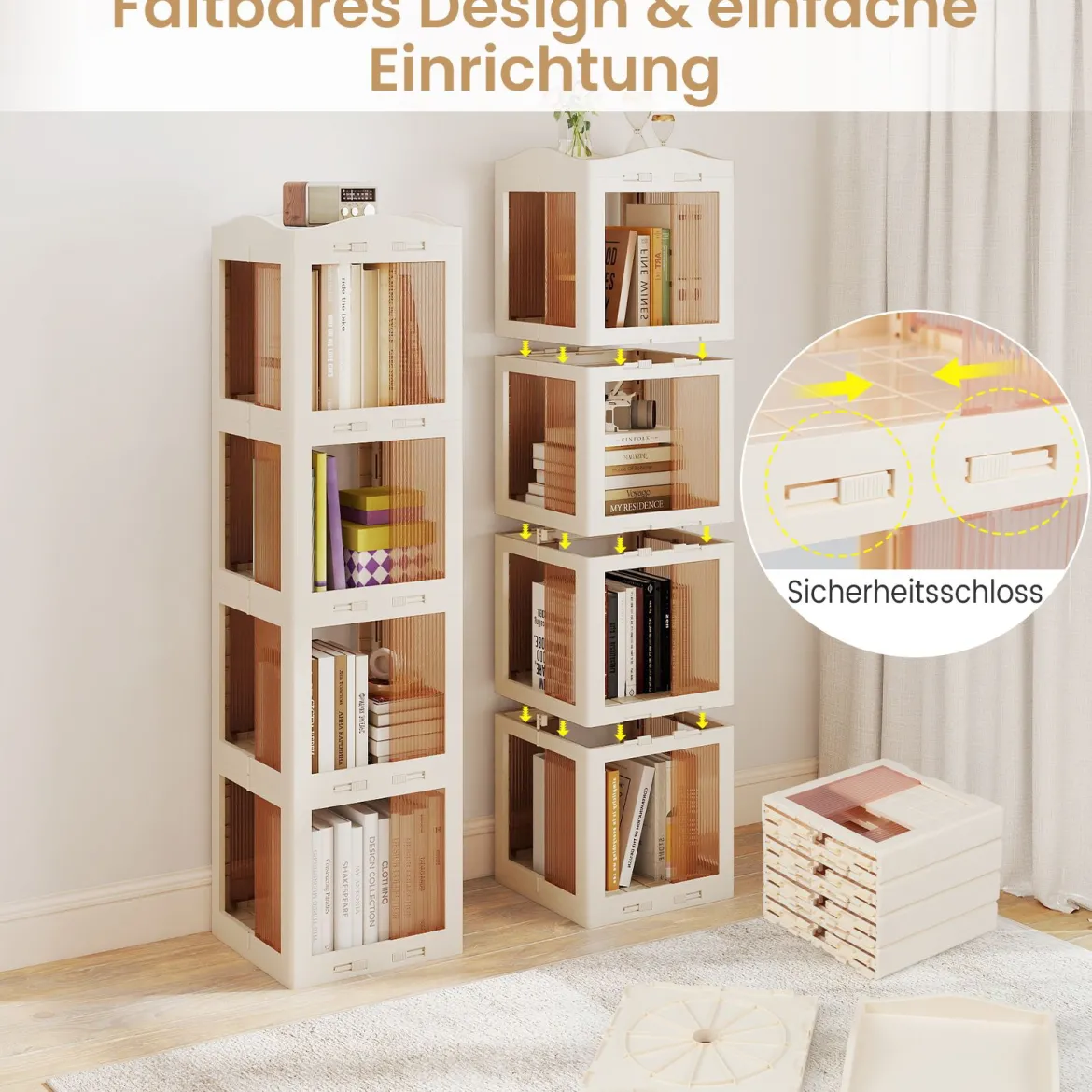 360° Drehbares Bücherregal Klappbares Standregal Transparenter Büroregal 36,5 x 36 x 141,5 cm Weiß