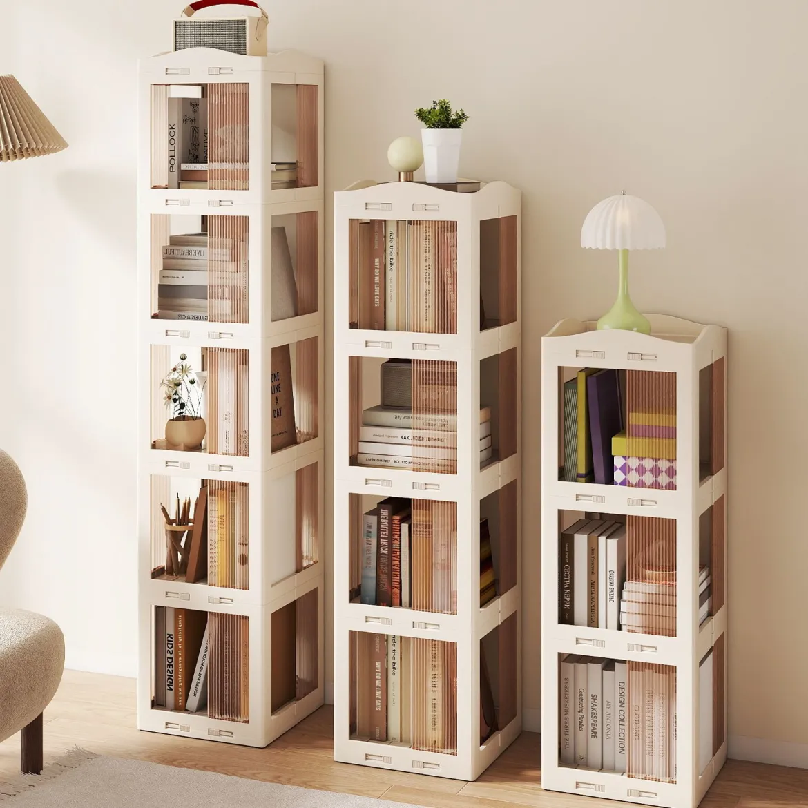 360° Drehbares Bücherregal Klappbares Standregal Transparenter Büroregal 36,5 x 36 x 141,5 cm Weiß