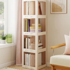 360° Drehbares Bücherregal Klappbares Standregal Transparenter Büroregal 36,5 x 36 x 141,5 cm Weiß