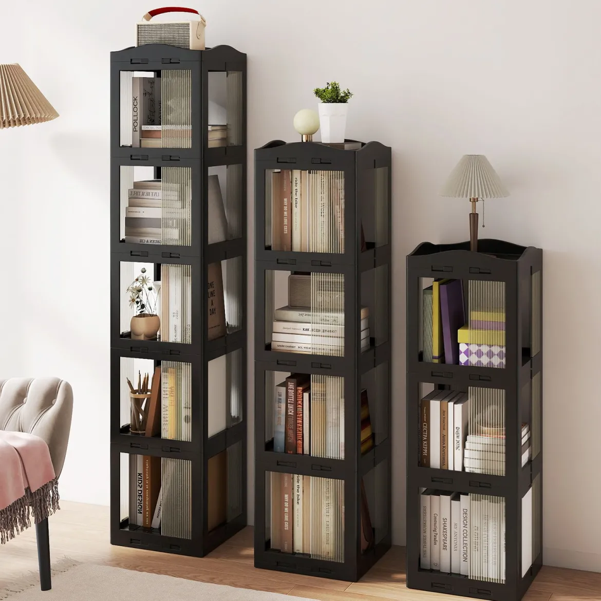 360° Drehbares Bücherregal Klappbares Standregal Transparenter Büroregal 36,5 x 36 x 174 cm Schwarz