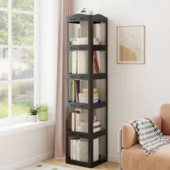 360° Drehbares Bücherregal Klappbares Standregal Transparenter Büroregal 36,5 x 36 x 174 cm Schwarz