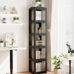 360° Drehbares Bücherregal Klappbares Standregal Transparenter Büroregal 36,5 x 36 x 174 cm Schwarz