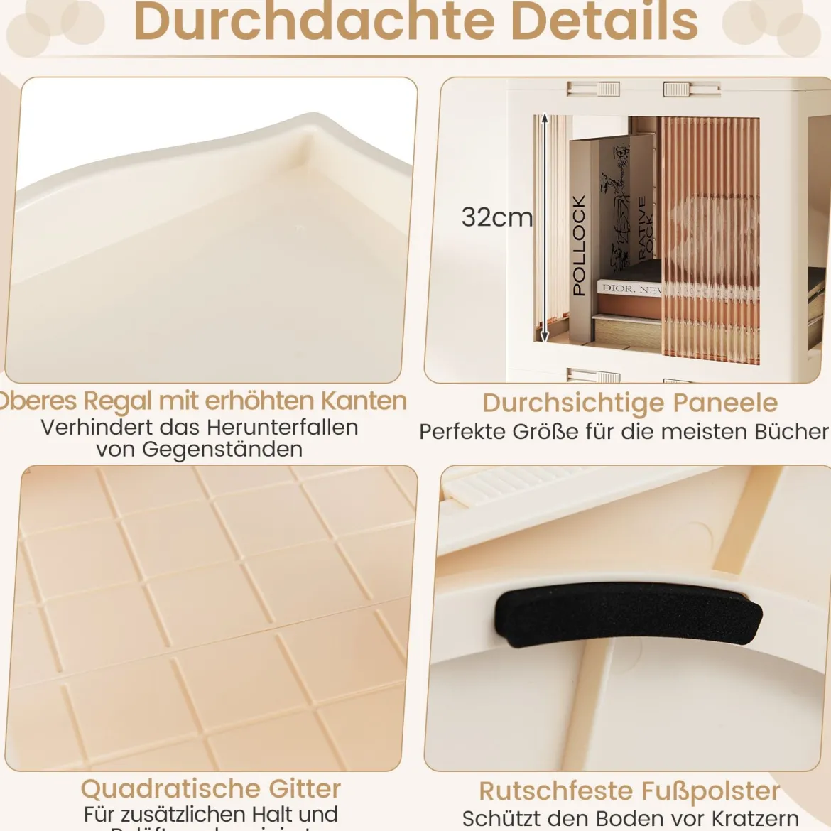 360° Drehbares Bücherregal Klappbares Standregal Transparenter Büroregal 36,5 x 36 x 174 cm Weiß