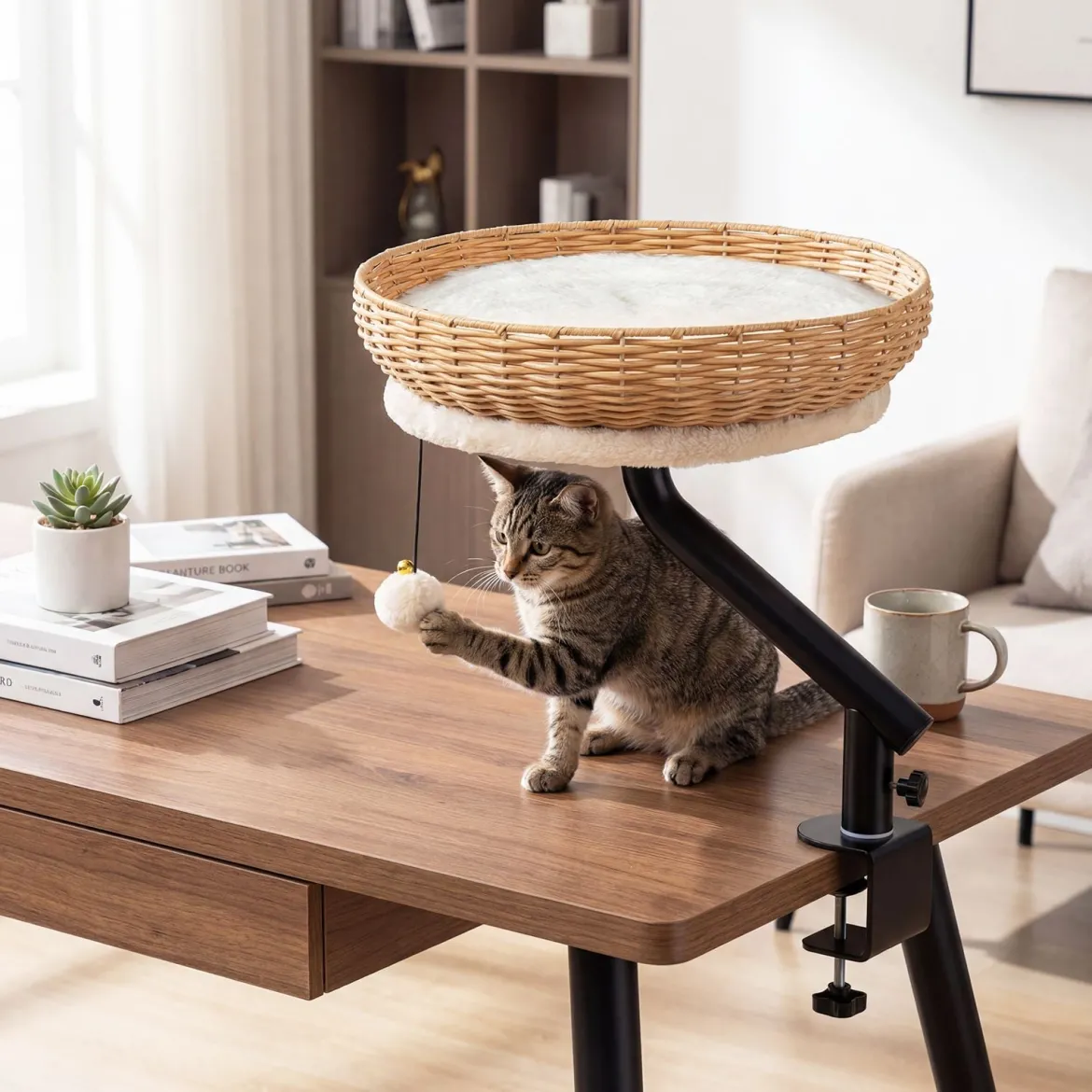 360° Drehbares Katzenbett für Schreibtisch mit Abnehmbarem Plüschkissen & Hängeball Katzen Schreibtischbett