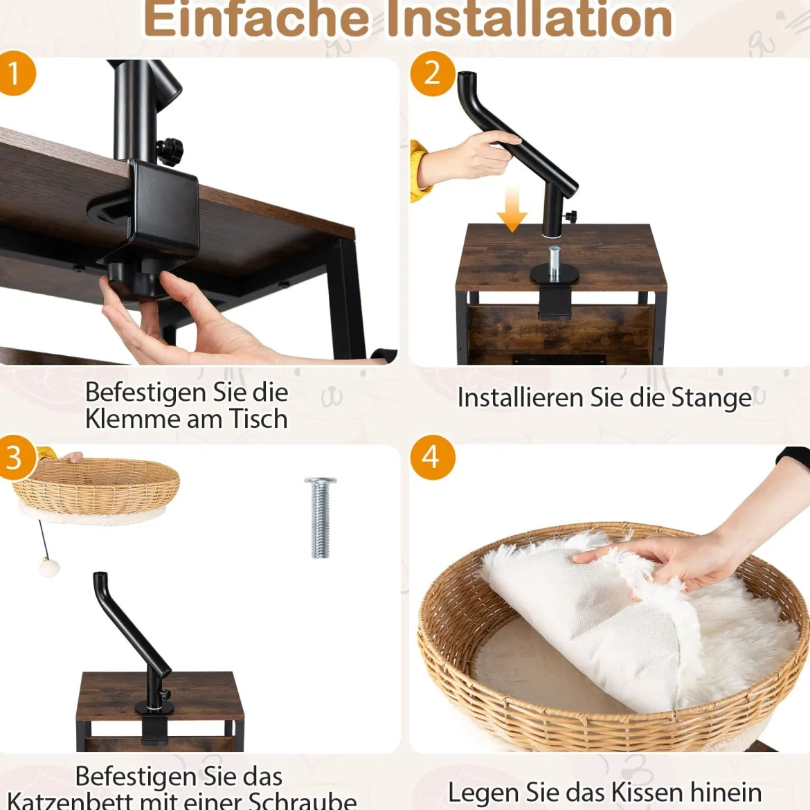 360° Drehbares Katzenbett für Schreibtisch mit Abnehmbarem Plüschkissen & Hängeball Katzen Schreibtischbett