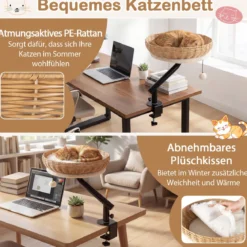 360° Drehbares Katzenbett für Schreibtisch mit Abnehmbarem Plüschkissen & Hängeball Katzen Schreibtischbett