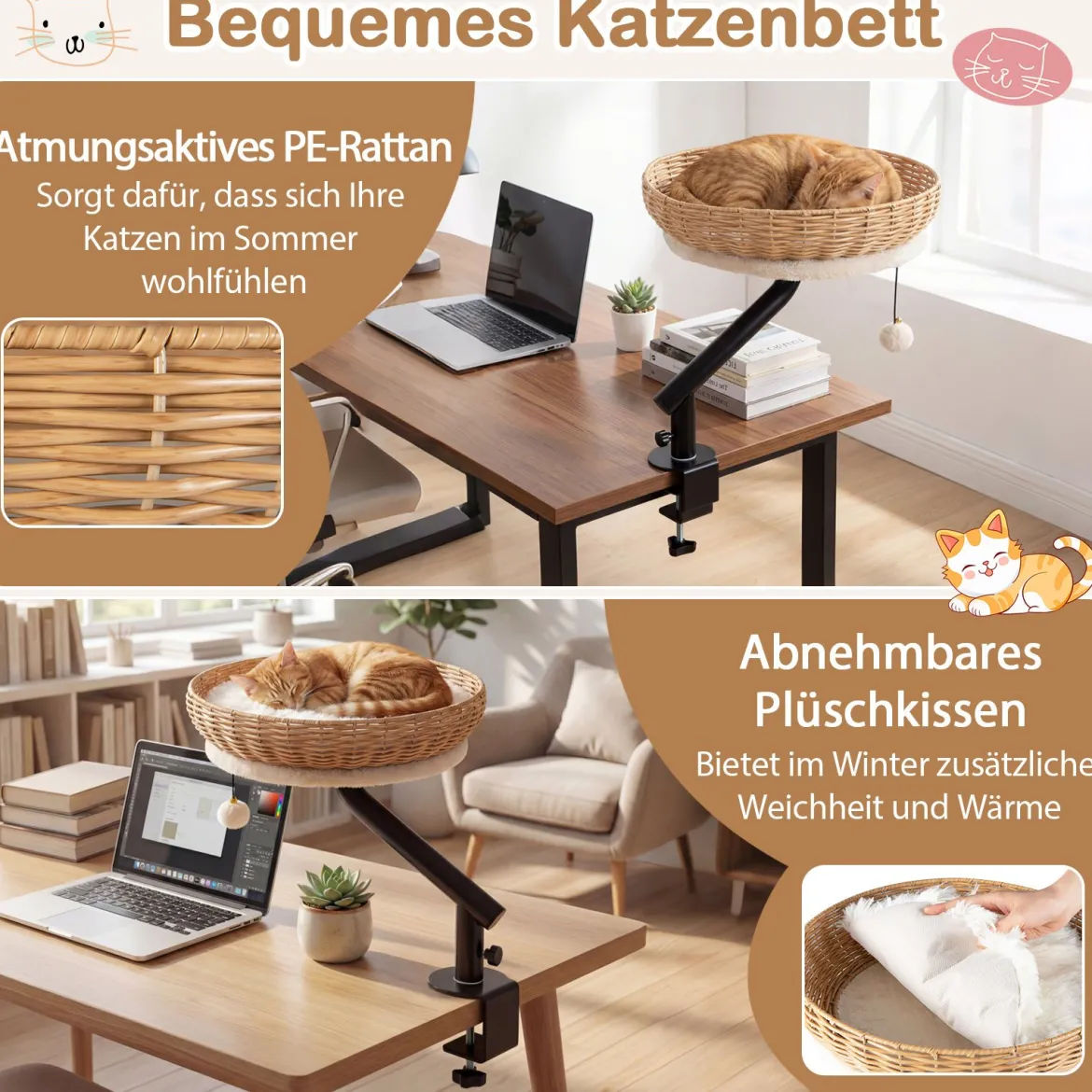 360° Drehbares Katzenbett für Schreibtisch mit Abnehmbarem Plüschkissen & Hängeball Katzen Schreibtischbett