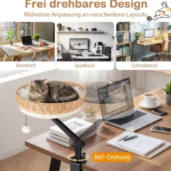 360° Drehbares Katzenbett für Schreibtisch mit Abnehmbarem Plüschkissen & Hängeball Katzen Schreibtischbett