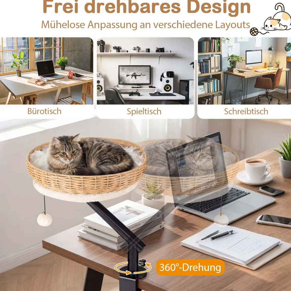 360° Drehbares Katzenbett für Schreibtisch mit Abnehmbarem Plüschkissen & Hängeball Katzen Schreibtischbett