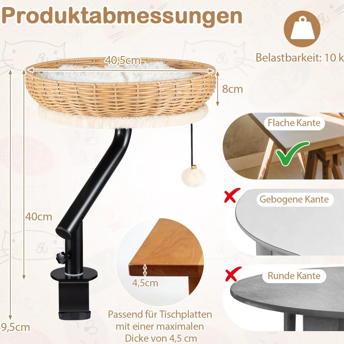 360° Drehbares Katzenbett für Schreibtisch mit Abnehmbarem Plüschkissen & Hängeball Katzen Schreibtischbett
