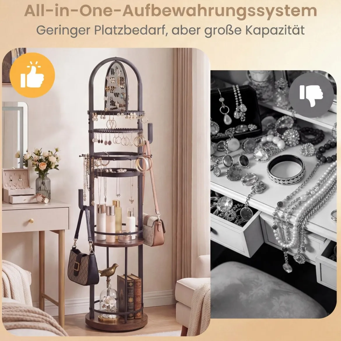 360° Drehbares Schmuckständer mit Ohrring- & Halskettenhaltern & 3 Regalen & Kettenständer Schwarz + Braun