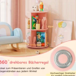 Drehrbares Bücherregal Kinder Kinderregal mit 2 Ebenen & Hasen-Trennwänden 40 x 40 x 65cm Rosa