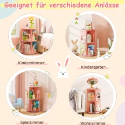 Drehrbares Bücherregal Kinder Kinderregal mit 2 Ebenen & Hasen-Trennwänden 40 x 40 x 65cm Rosa