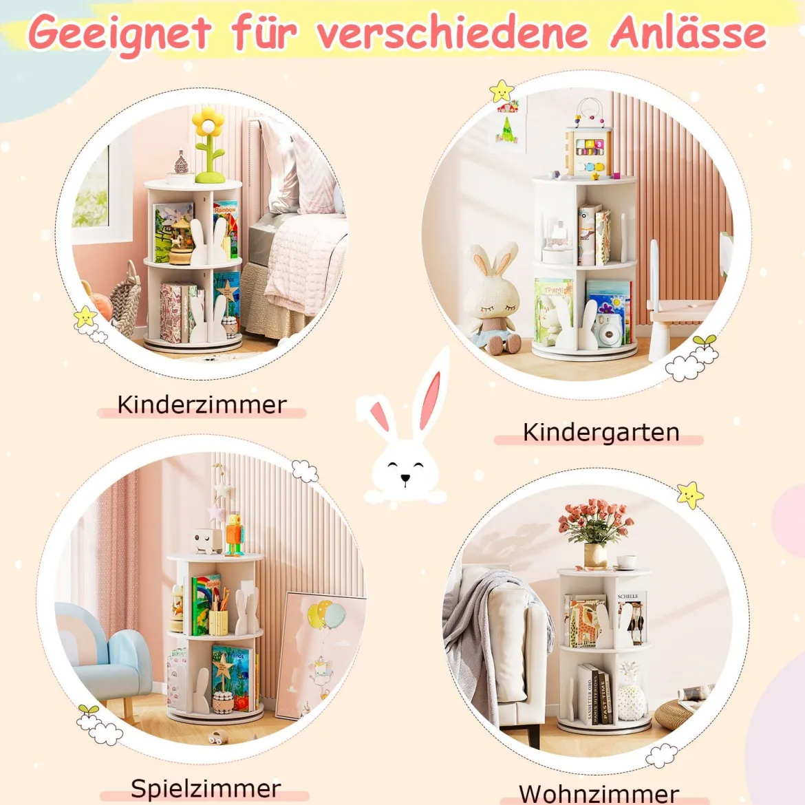 Drehrbares Bücherregal Kinder Kinderregal mit 2 Ebenen & Hasen-Trennwänden 360 Grad 40 x 40 x 65cm Weiß