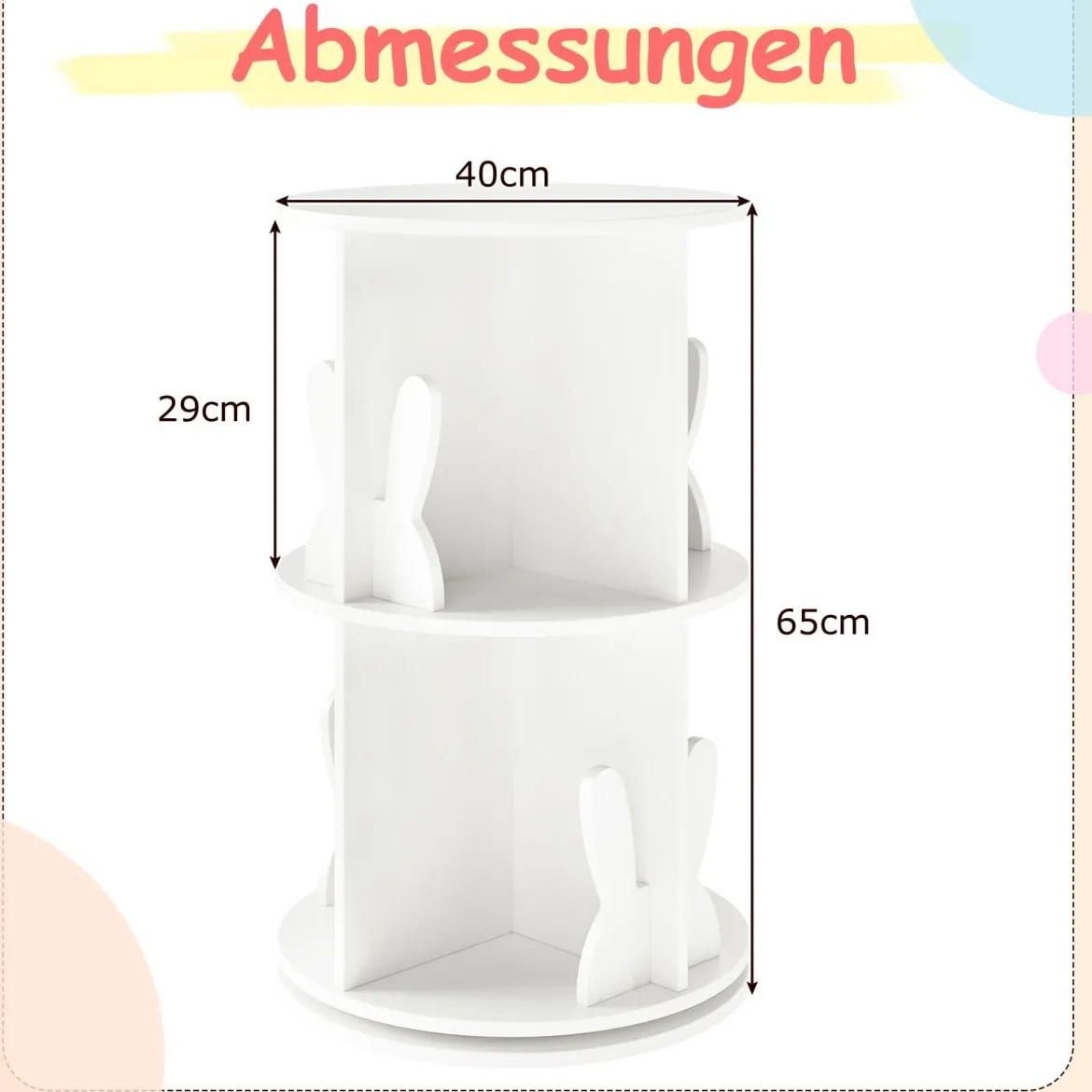 Drehrbares Bücherregal Kinder Kinderregal mit 2 Ebenen & Hasen-Trennwänden 360 Grad 40 x 40 x 65cm Weiß