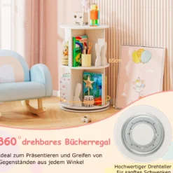 Drehrbares Bücherregal Kinder Kinderregal mit 2 Ebenen & Hasen-Trennwänden 360 Grad 40 x 40 x 65cm Weiß