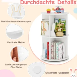 Drehrbares Bücherregal Kinder Kinderregal mit 2 Ebenen & Hasen-Trennwänden 360 Grad 40 x 40 x 65cm Weiß