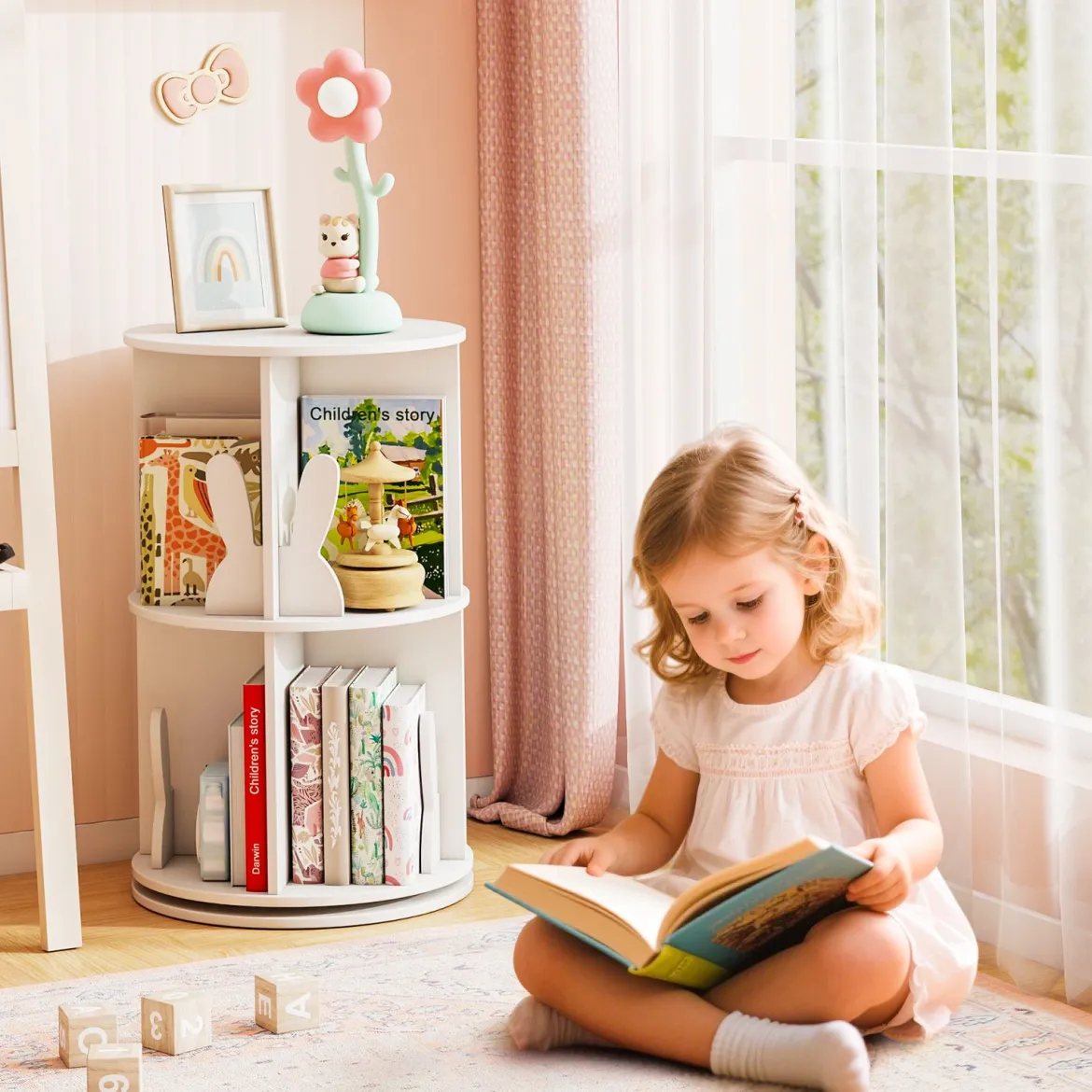 Drehrbares Bücherregal Kinder Kinderregal mit 2 Ebenen & Hasen-Trennwänden 360 Grad 40 x 40 x 65cm Weiß