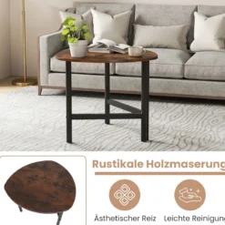 Dreieckiger Couchtisch mit Metallbeinen Ovaler Kaffeetisch Industrieller Beistelltisch Rustikalbraun