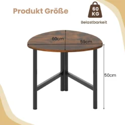 Dreieckiger Couchtisch mit Metallbeinen Ovaler Kaffeetisch Industrieller Beistelltisch Rustikalbraun