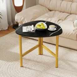 Dreieckiger Couchtisch Ovaler Kaffeetisch Mit Metallbeinen Holzakzent Rustikales Braun & Schwarz