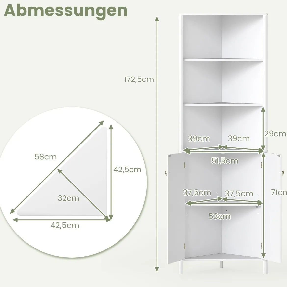 Dreieckiger Küchenschrank mit 2 Türen & 5 Ablagen Schmaler Eckschrank Hochschrank Weiß