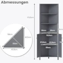 Dreieckiger Küchenschrank mit 2 Türen & 5 Ablagen Schmaler Eckschrank Hochschrank Grau