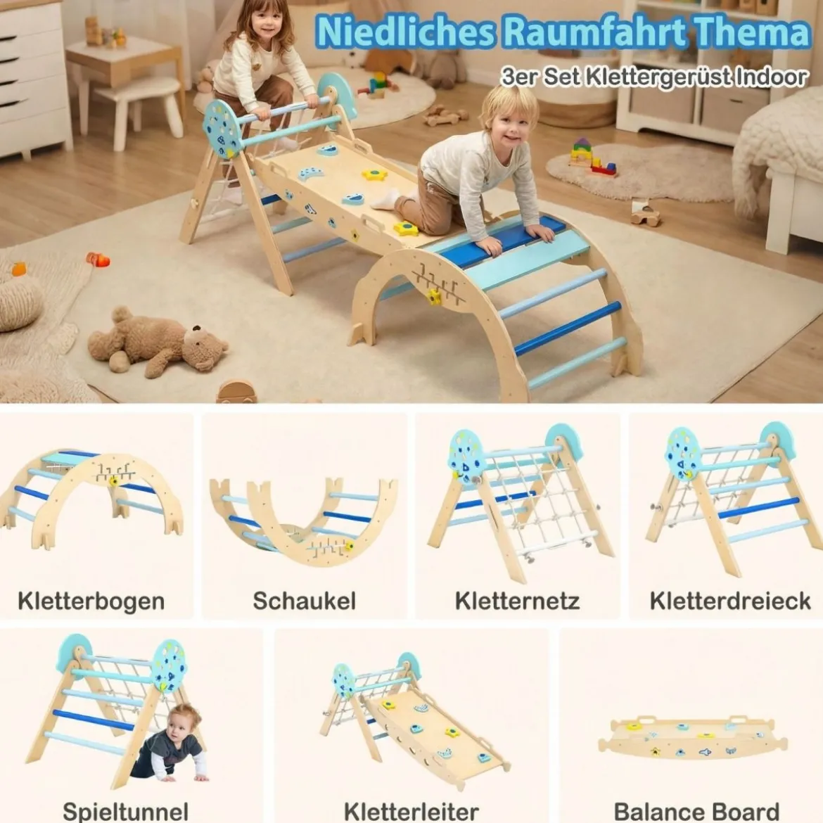 Dreieck-Kletterset mit Bogen & Rampe & Kletterer Faltbares Dschungelturngerät Montessori-Spielzeug