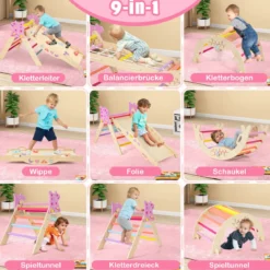 Dreiecksset 9-in-1 faltbares Kletterspielzeug Montessori Kletterset aus Holz Klettergerüst für Kinder Bunt