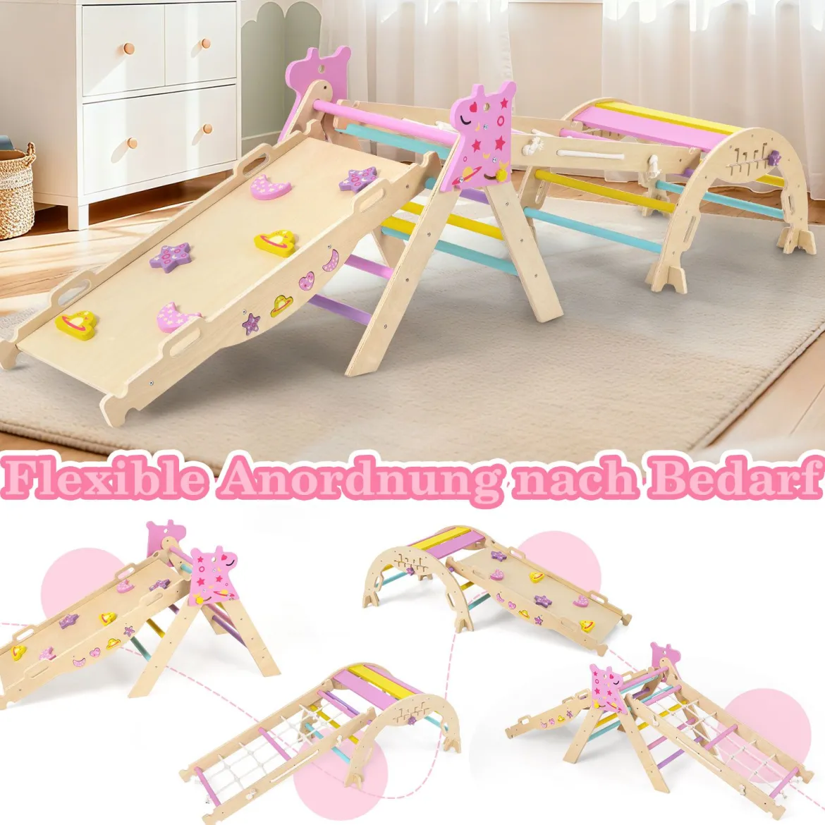 Dreiecksset 9-in-1 faltbares Kletterspielzeug Montessori Kletterset aus Holz Klettergerüst für Kinder Macaron