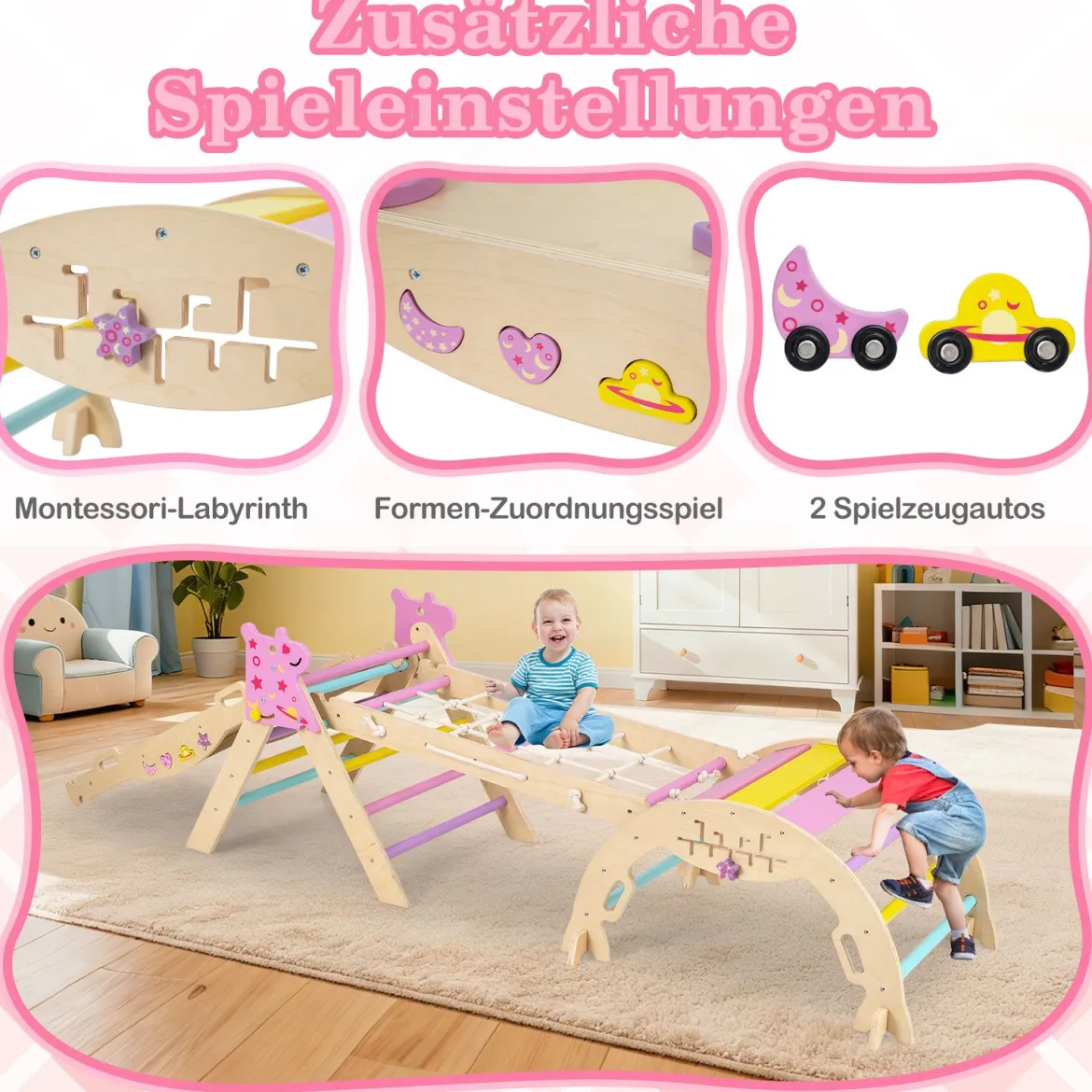 Dreiecksset 9-in-1 faltbares Kletterspielzeug Montessori Kletterset aus Holz Klettergerüst für Kinder Macaron