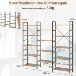 Dreifach breites Bücherregal offenes Ablageregal mit Metallrahmen bis 450 kg belastbar Rustikales Braun 176 x 30 x 165 cm