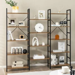 Dreifach breites Bücherregal offenes Ablageregal mit Metallrahmen bis 450 kg belastbar Rustikales Braun 176 x 30 x 165 cm