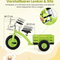 Dreirad Kinderfahrrad bis 91 kg Belastbar mit Verstellbarem Sitz & Lenker für Kinder ab 3 Jahren Grün