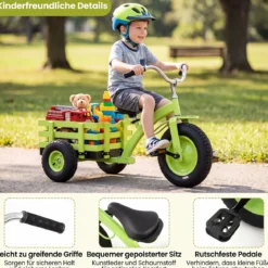 Dreirad Kinderfahrrad bis 91 kg Belastbar mit Verstellbarem Sitz & Lenker für Kinder ab 3 Jahren Grün