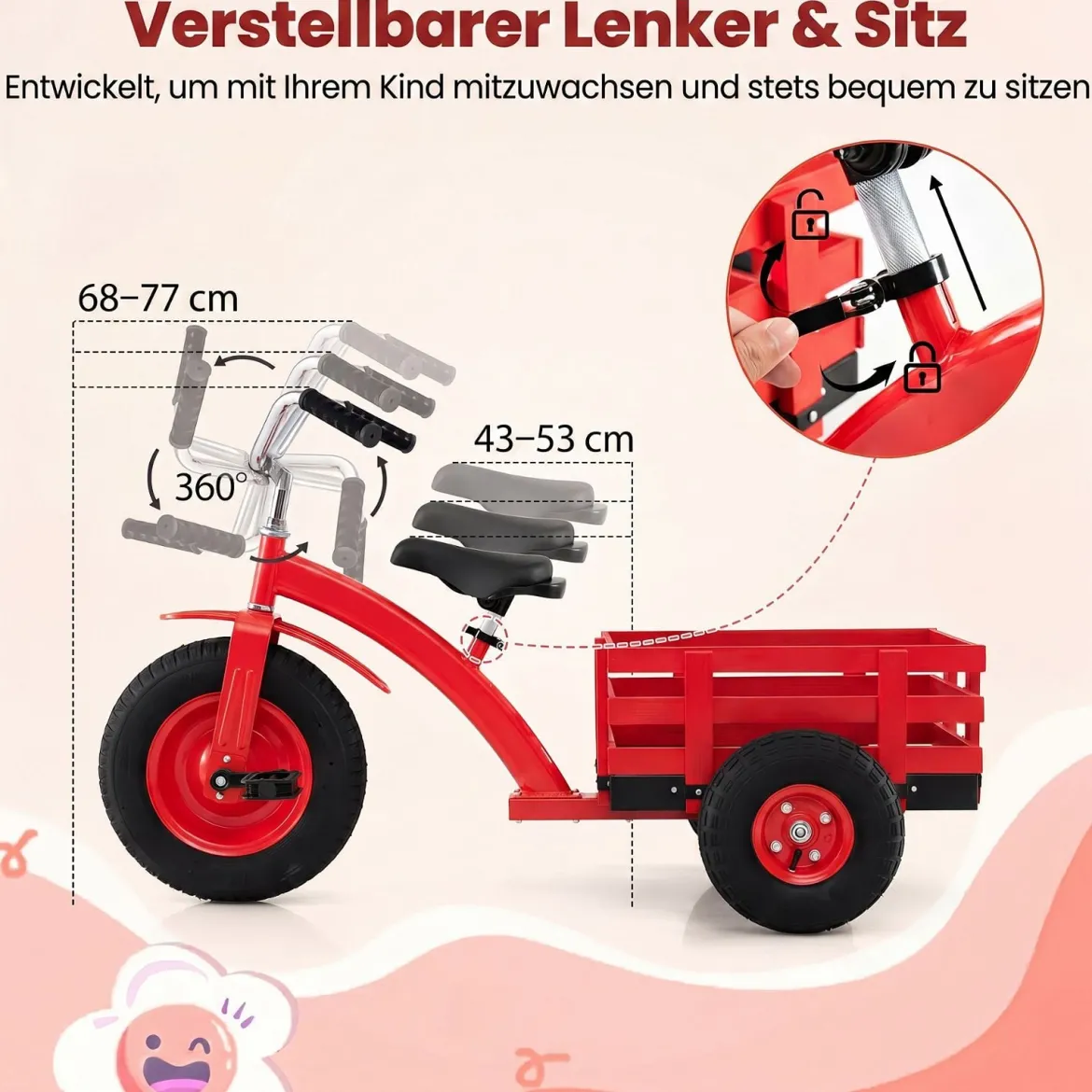 Dreirad Kinderfahrrad bis 91 kg Belastbar mit Verstellbarem Sitz & Lenker für Kinder ab 3 Jahren Rot