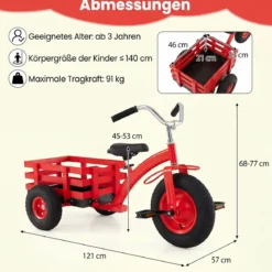 Dreirad Kinderfahrrad bis 91 kg Belastbar mit Verstellbarem Sitz & Lenker für Kinder ab 3 Jahren Rot