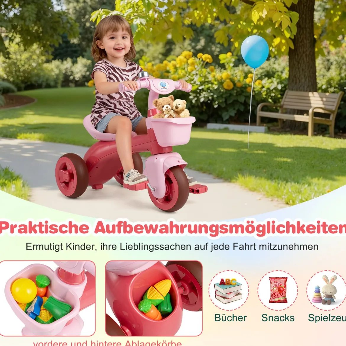 Dreirad Kinder Laufrad mit begrenzter Lenkung Klingel & ergonomischem Sitz Kleinkinder Spielzeug Rosa