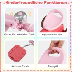 Dreirad Kinder Laufrad mit begrenzter Lenkung Klingel & ergonomischem Sitz Kleinkinder Spielzeug Rosa